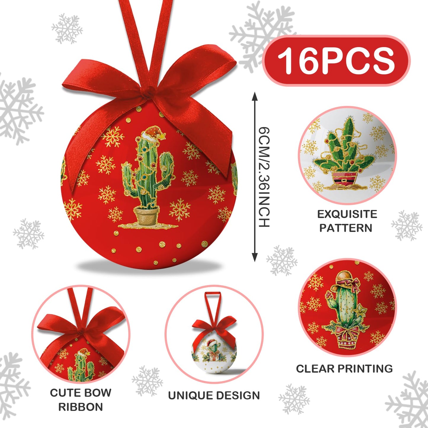 Cactus Christmas Decor - Cactus Ornament Tree Decorations Hanging Balls, Christmas Cactus Decorations Ball 2.36 Inch for Xmas Tree Party Home Holiday，Xmas Gifts Set of 16Pcs