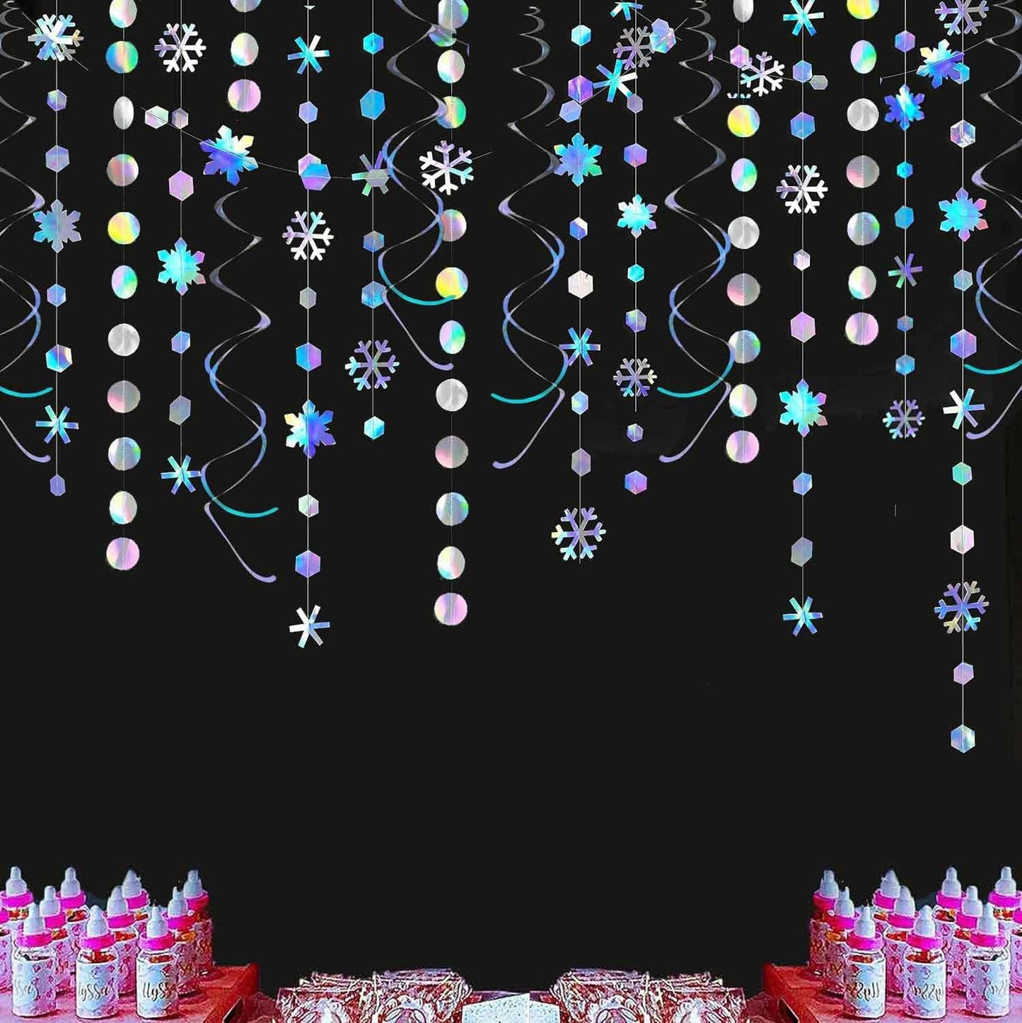 Winter Wonderland Party Decoration Iridescent Snowflake Circle Dots Garland Iridescent White Hanging Swirls Holographic Paper Set for Onederland Christmas Frozen Birthday Wedding Bridal Party Supplies
