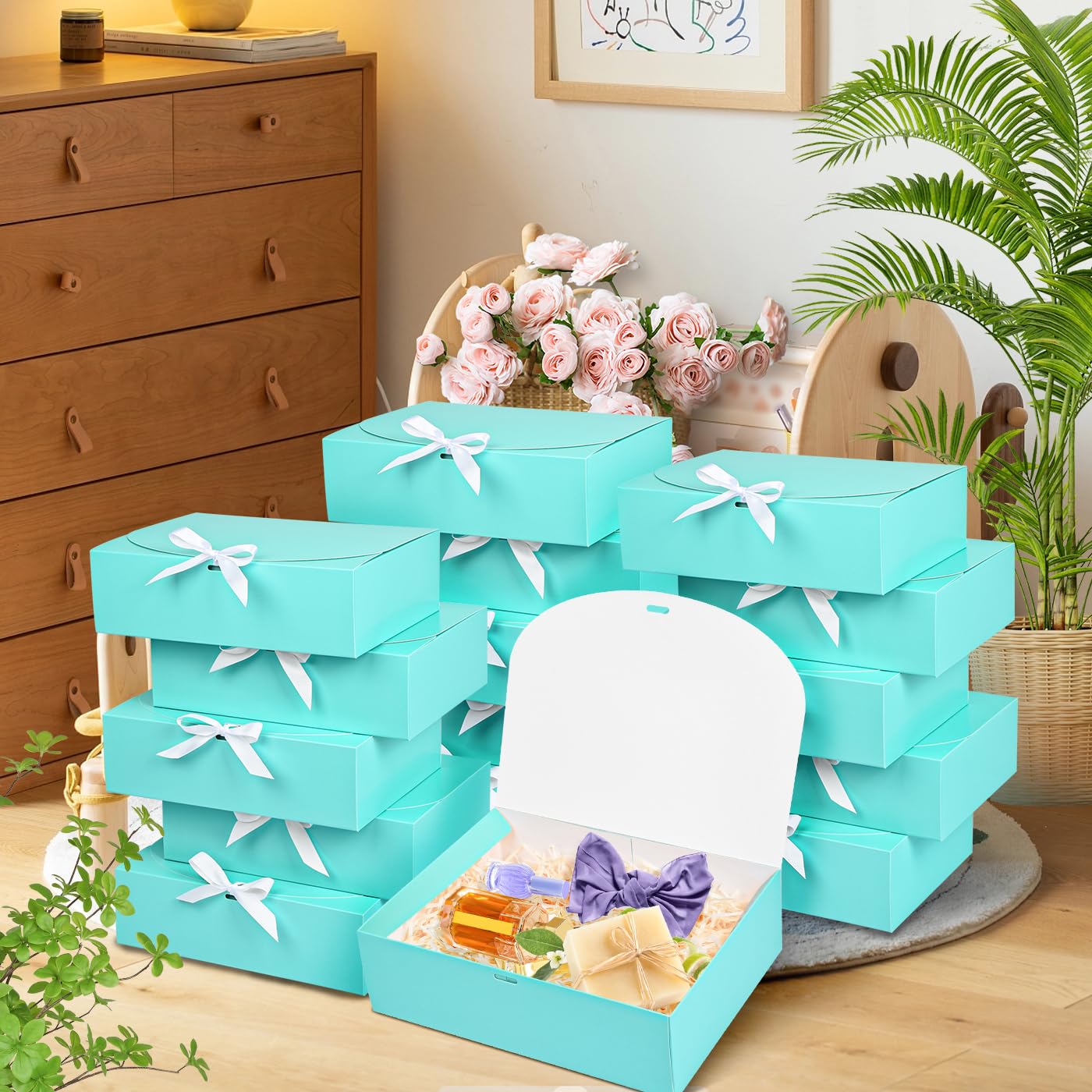 WLUSEAXI 15Pack Gift Boxes with Lids, 10.6x7.8x3.1 Inches Bridesmaid Proposal Box with Ribbon, Blue Gift Boxes for Presents,Kraft Paper Boxes for Wedding Christmas Birthday Baby Shower Party