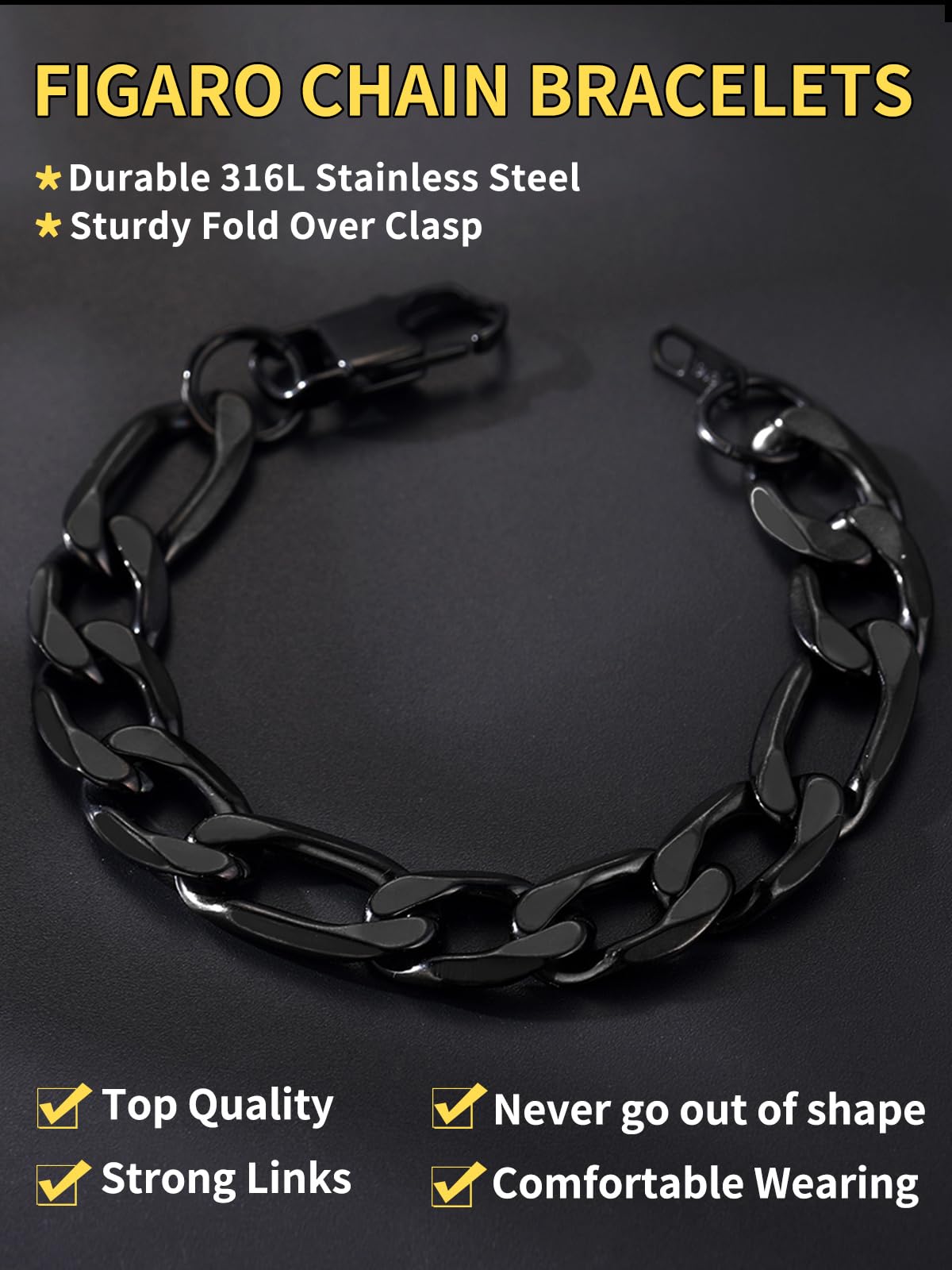 ChainsHouse Black Figaro Bracelet for Men Women, 13mm 7.5" Link Chain Bracelet Punk Hip Hop Jewelry Stainless Steel Figaro Bracelets