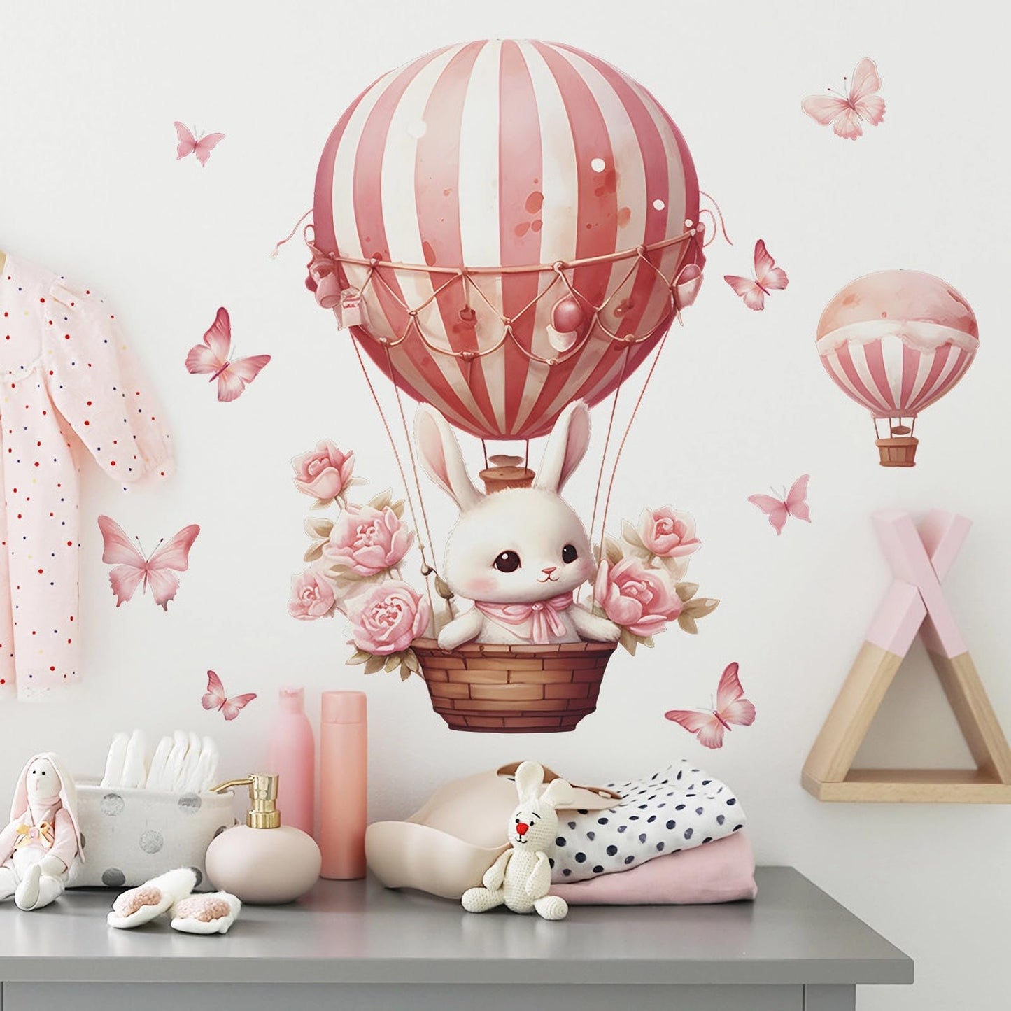 Pink Bunny Butterfly Rose Hot Air Balloon Wall Stickers, sacinora Cute Rabbit Wall Decals Removable Vinyl Peel and Stick for Kids Baby Girls Nursery Living Room Bedroom Preschool Art Decorations