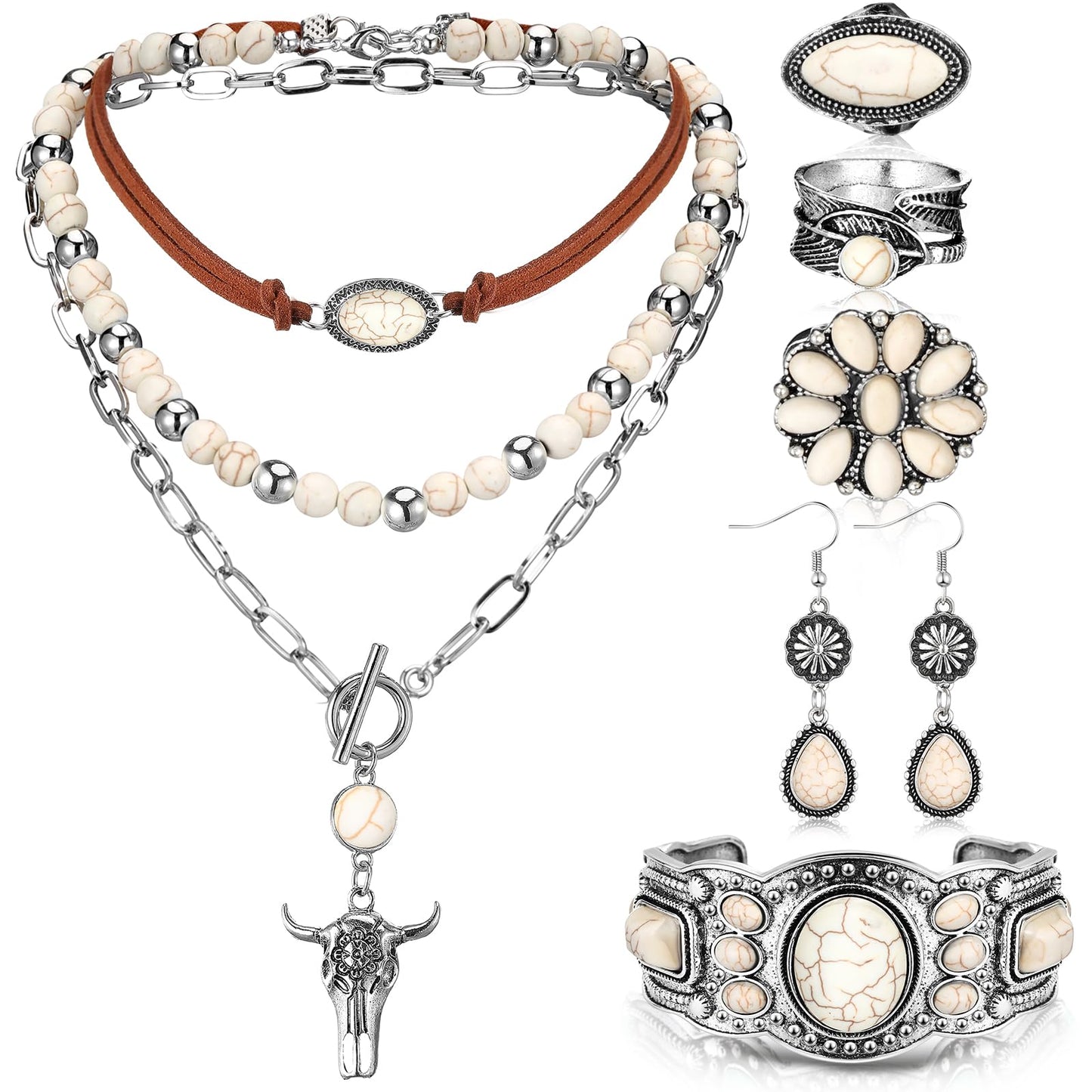 Ecally Bohemian Western Jewelry Turquoise Set Women Country Pendant Long Choker Layered Bracelets Earrings Ring for Women(Fashion,White)