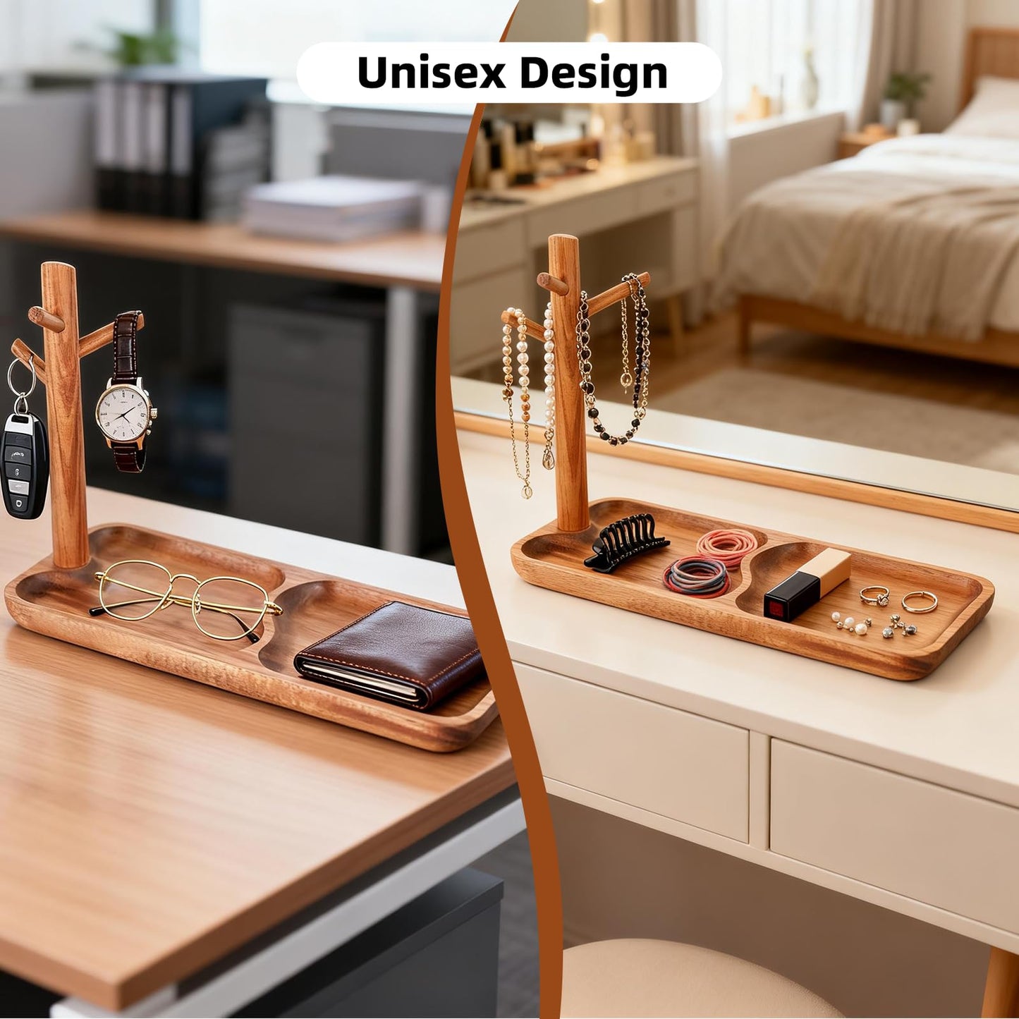 Acacia Wood Key Tray for Entryway Table, Wooden Catchall Organizer with Jewelry Storage Rack, Valet Tray for Keys Wallet Watches Sunglasses Rings(Rectangle)