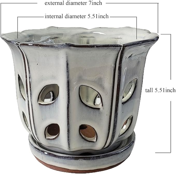 Orchid Pots with Holes 6 inch Ceramic Orchid Pot with Attached Saucer and Drainage Hole (White)