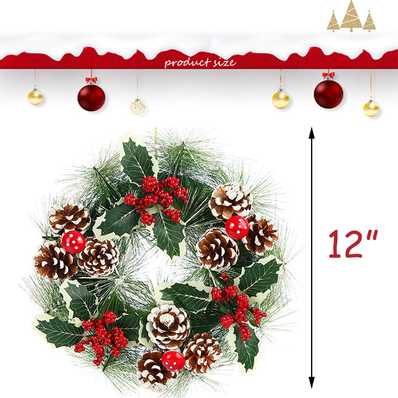 Acronde 12” Christmas Wreath Berry Handmade Floral Front Door Rustic Wreath Flocked with Mixed Decorations Christmas Decorations