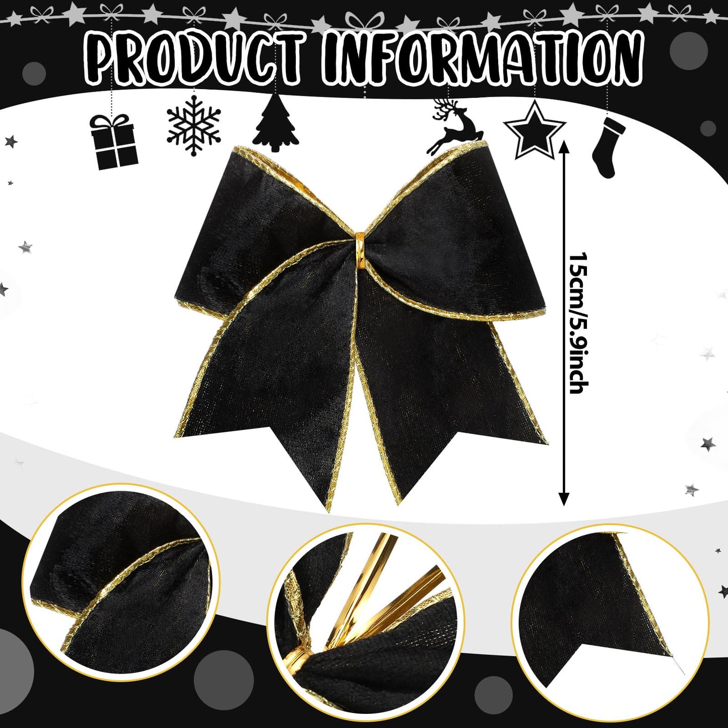 Panelee 12 Pcs Black Velvet Christmas Bows 6 x 6 in Wreath Bow Christmas Tree Decorations Ornaments for Hanukkah Xmas Tree Topper Wreath Garland Party Gift Wrapping DIY Decor