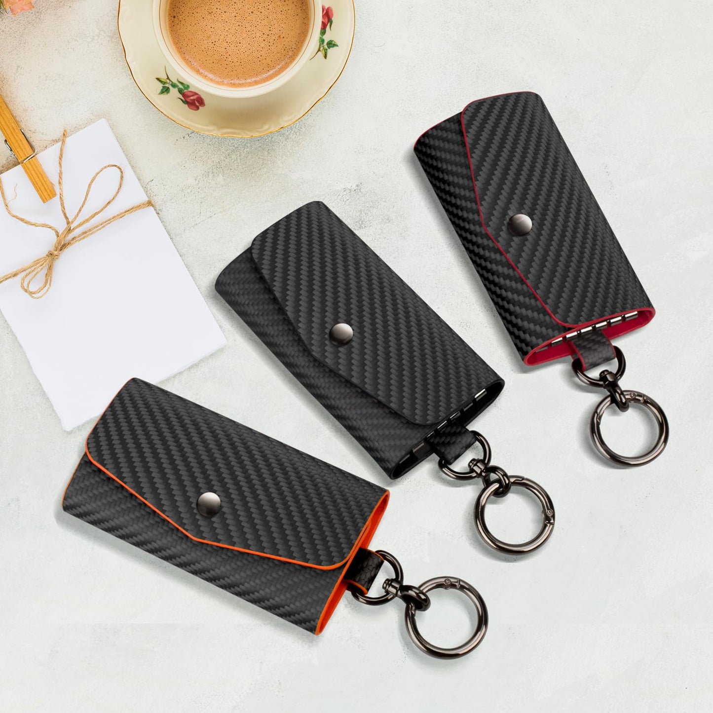 Leather Keychain Wallets Portable Key Holders Pouch Multiple Key Organizer, Key Holder with 6 Hooks for Men or Women,Carbon Fiber Pattern,Red
