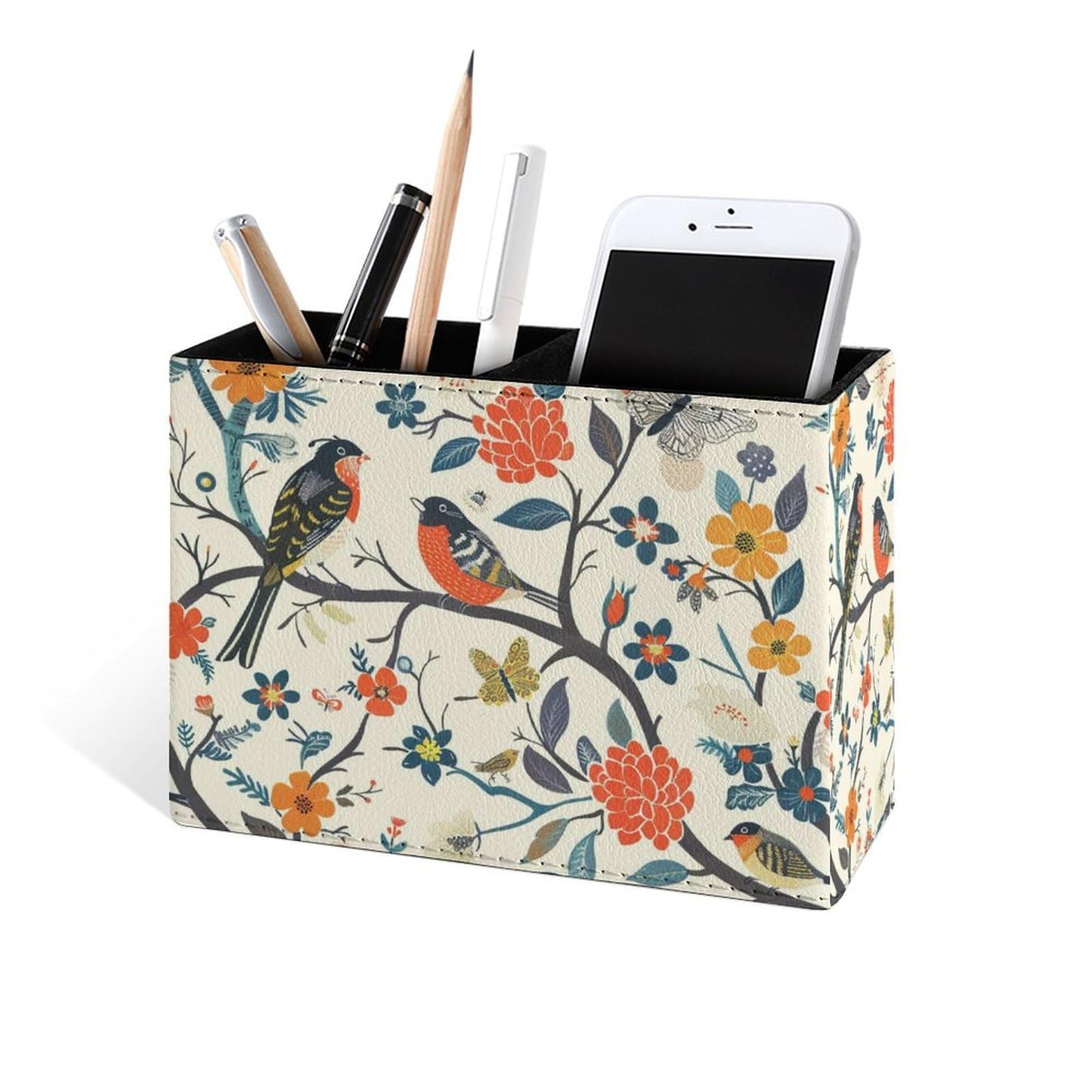 Famame Birds And Butterfly Tree Pencil Holder for Desk, Leather Desktop Container Pen Cup Storage Study Table Pen Organizer Makeup Brush Holder for Classroom Office Home