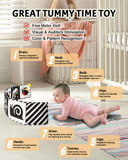 High Contrast Baby Book with Teether, Black and White Baby Book, 0-6-12 Months Soft Book for Newborn, Sensory Books, Montessori Learning Activities for Babies, Easter Basket Stuffer
