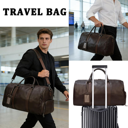 Leather Travel Duffle Bag with Shoe Pouch, Cabin Friendly Weekender Overnight Bags, Carry On Sports Gym Bag for Men Women