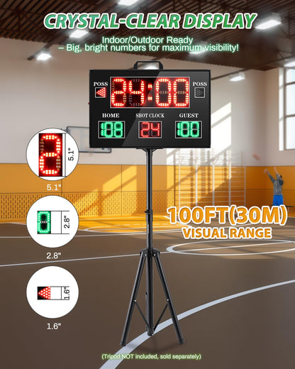Spolehli Large Electronic Scoreboard with Wireless LCD RF Controller - 22.4x14.6 Big LED Display, 100Ft Visibility, Dual Power Options, Flexible Timing Control for Indoor/Outdoor Sports Games