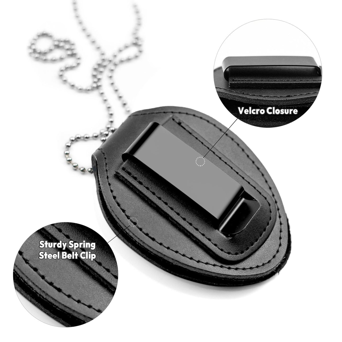 JRLCTECH Police Badge Holder, Law Enforcement Badge Holder, Made of Cowhide, Black Universal Badge Belt Clip Holder Include Metal Clip and Neck Chain