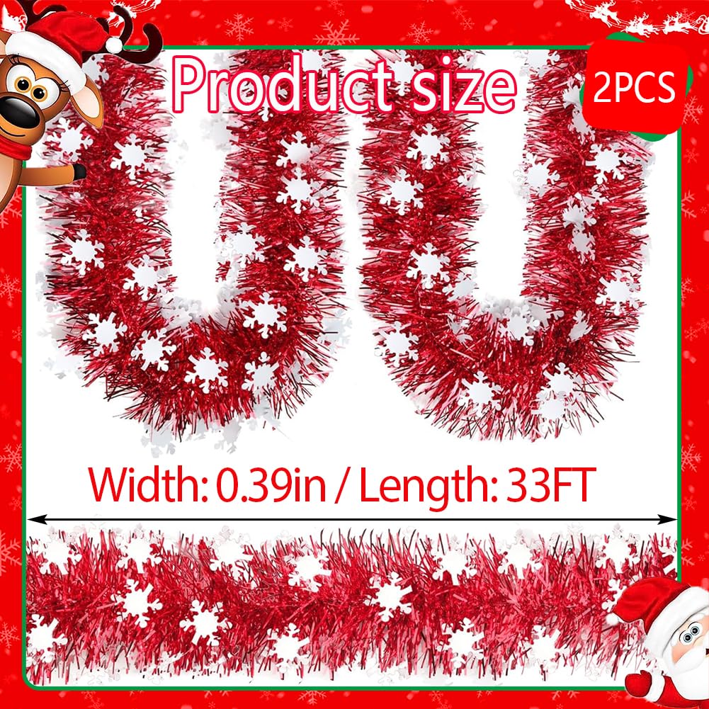 66Ft Christmas Red Tinsel Garland Xmas Tree Decorations Shiny Thick Red with Snowflake Metallic Twist Garland Ceiling Hanging Decor for New Year Party Holiday Indoor Outdoor Supplies