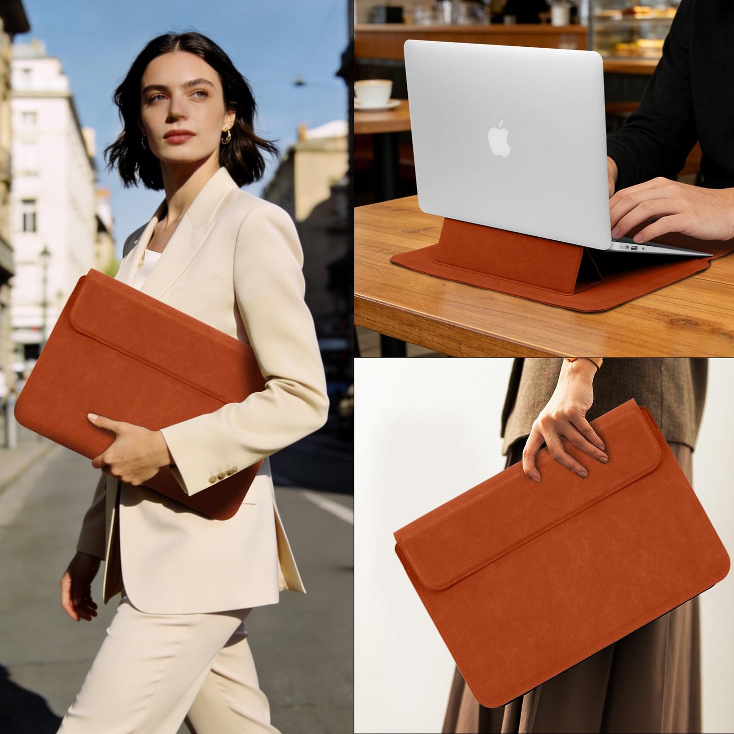 PinnWaa 13.3-14 Inch Laptop Sleeve Case with Stand Feature, Matte PU Leather Slim Bag for MacBook Pro 14/MacBook Air 13/13.3'' 2026-2021/Dell/Lenovo/HP/ASUS/Huawei Laptop Protective Cover (Orange)