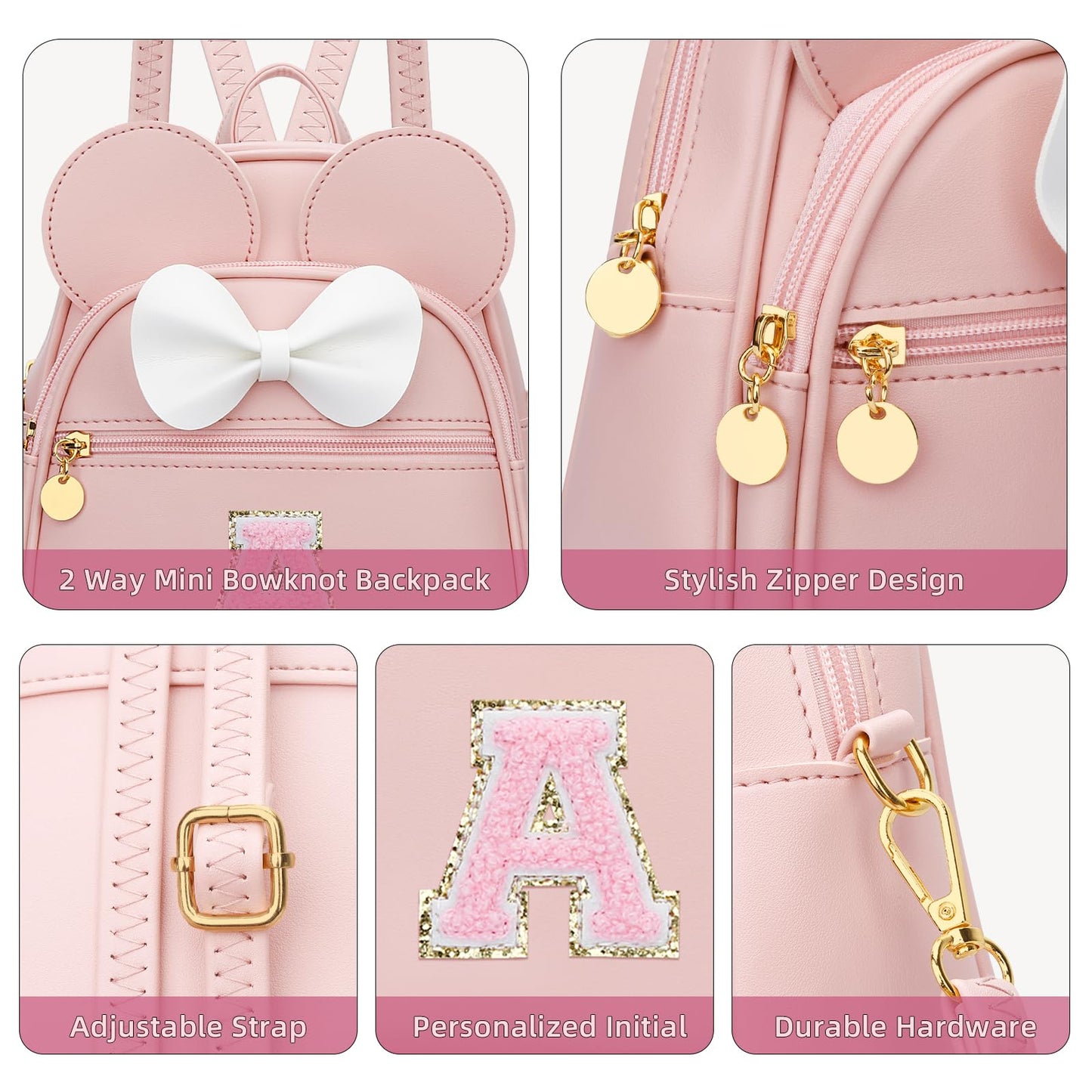 KKXIU Girls Initial Bowknot Cute Mini Backpack for Toddler, Travel Small Girl Backpacks, Personalized Birthday Gifts for Little Girls and Kids(A, Pink)