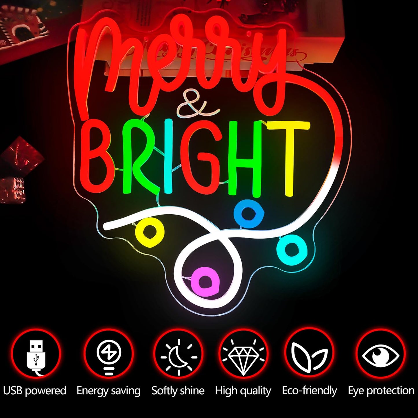 Merry And Bright Christmas Neon Sign for Wall Decor Merry Christmas Neon Light Dimmable Led Bright Chris-tmas Decor Light Up sign for Gifts