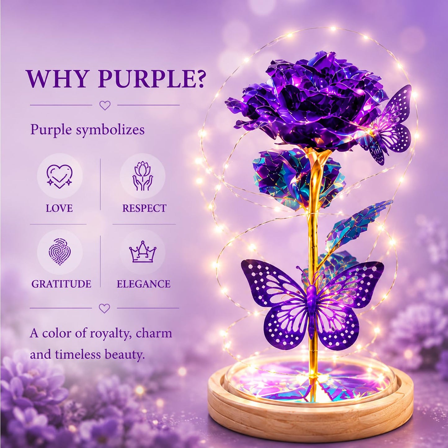 QUNPON Mothers Day Rose Gifts for Mom Flowers Rose Gifts for Women,Birthday Gifts for Women,Purple Butterfly Flowers for Mother Day Flower Gifts from Daughter Son,Gift for Mom,Sister,Her,Grandma,Wife