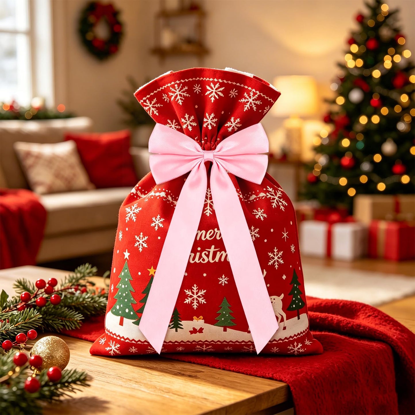 50Pcs Pink Satin Bows for Christmas Tree, 4 x 8 inch Xmas Ornaments with Pre-Made Twist Ties & Self-Adhesive, for Tree Cabinet Front Door Wreath Holiday Home Decor