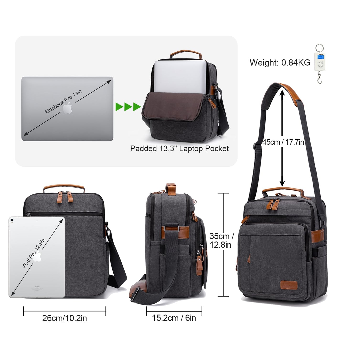 ESTARER 13-13.3 Laptop Bag for Men, Vertical Messenger Bag for 13-13.6'' Mac neo/air/pro Shoulder Bag Water-resistant Canvas