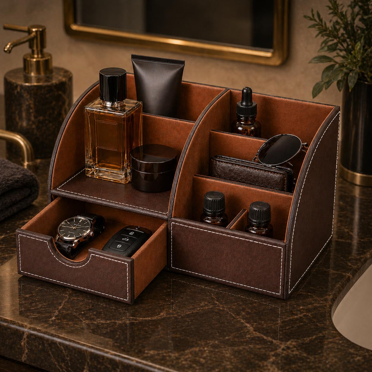 KINGFOM Cologne Organizer for Men, PU Leather Dresser Organizer with Drawer, Countertop Cologne Holder for Watch, Wallet, Keys, Sunglasses, Bathroom Bedroom Nightstand Organizer, Gifts for Men Brown