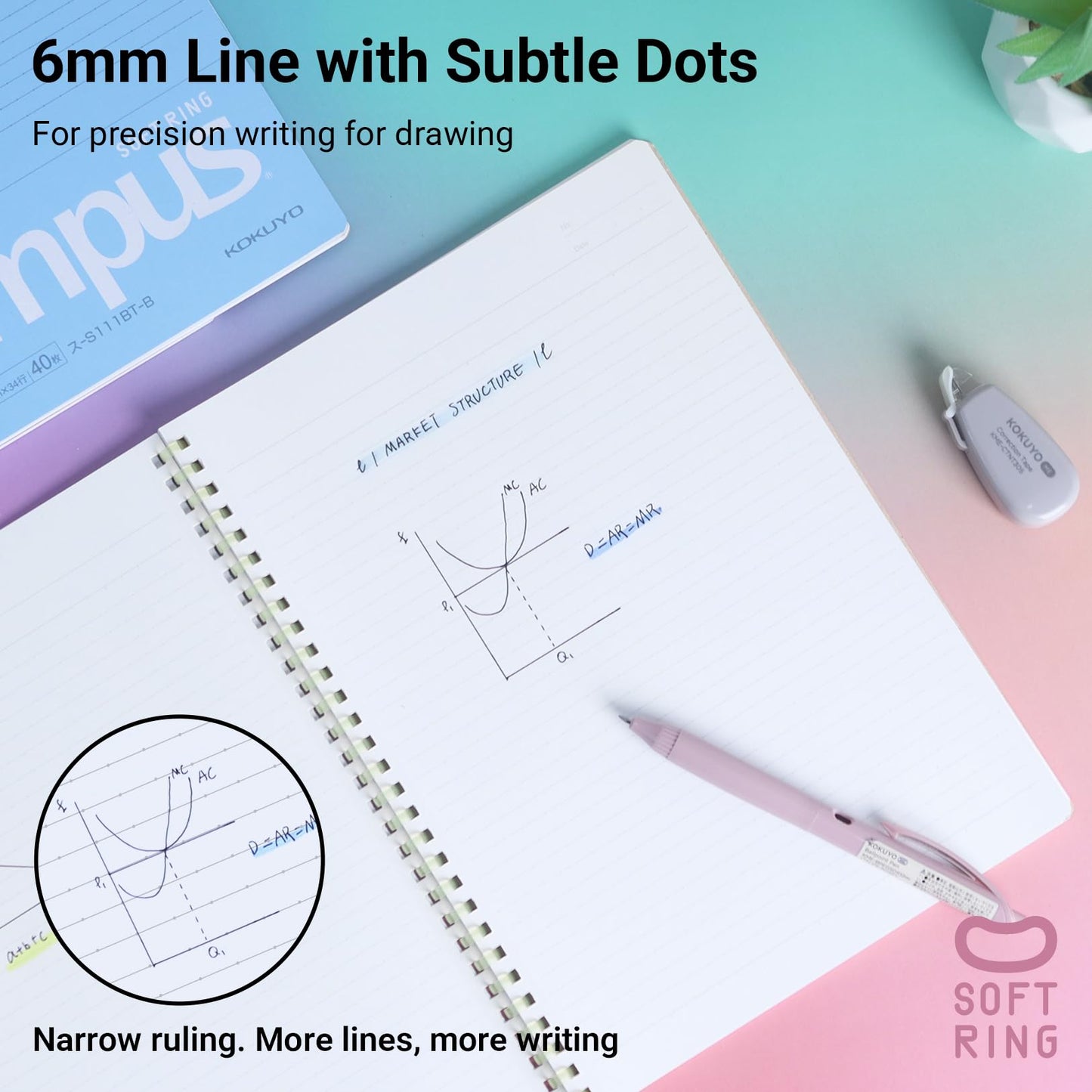 KOKUYO Spiral Lined Notebook, 5 Pack 10'' x 7'' Pastel Journal B5 Campus Soft Ring Notebooks with Dot 7 mm Ruled, 40 Sheets, 1 Subject Notebook, Note Taking for School. Japan Import (SU-S111AT)