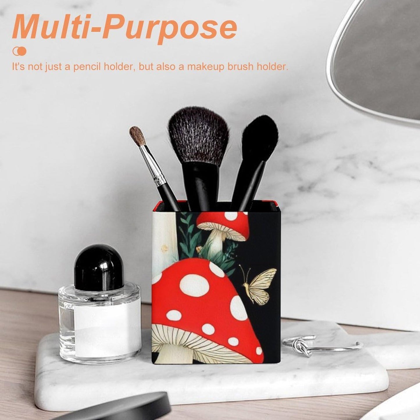 UTRSIFB Pen Holder Square Leather Pencil, Holder Cup Makeup Brush Storage Organizer, Waterproof Multifunctional Office Supplies Wild Mushrooms