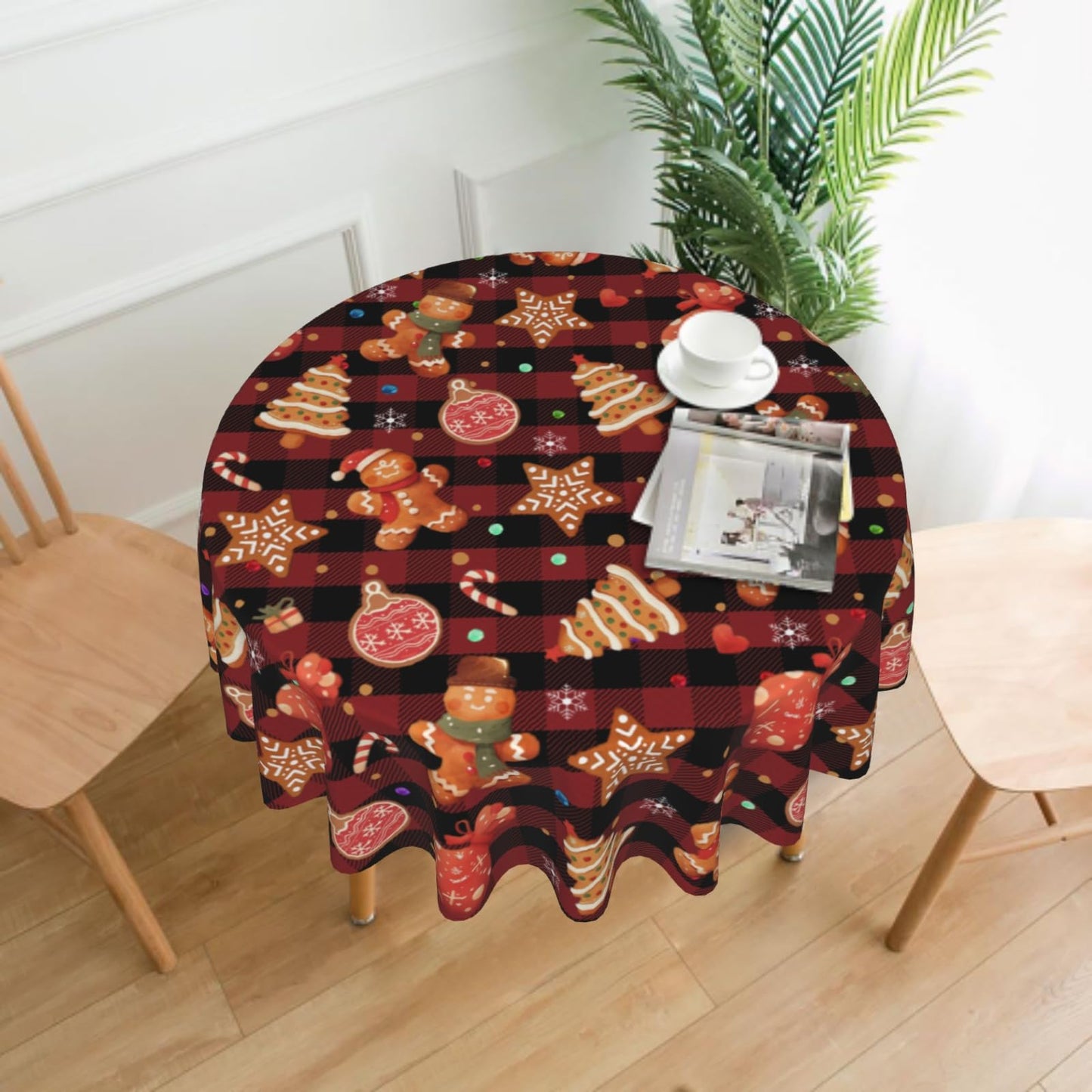 Giwawa Gingerbread Man Round Tablecloth for Kitchen Dining, 60Inch Christmas Cookies Balls Buffalo Plaids Table Cover, Winter Snowflakes Xmas Trees Table Cloth Washable for Holiday Party Decor