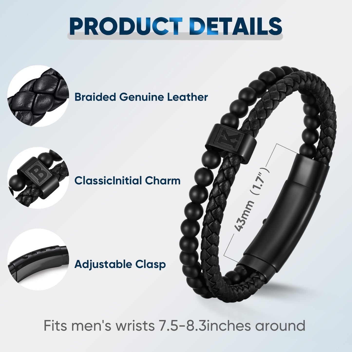 Initial Bracelet for Men Letter Handmade Natural Agate Stone Beaded Braided Black Leather Adjustable Cuff Meaningful Bracelets , Jewelry Gifts, Father's Day Gifts Matching Couple, 7.5-8.3 Inches