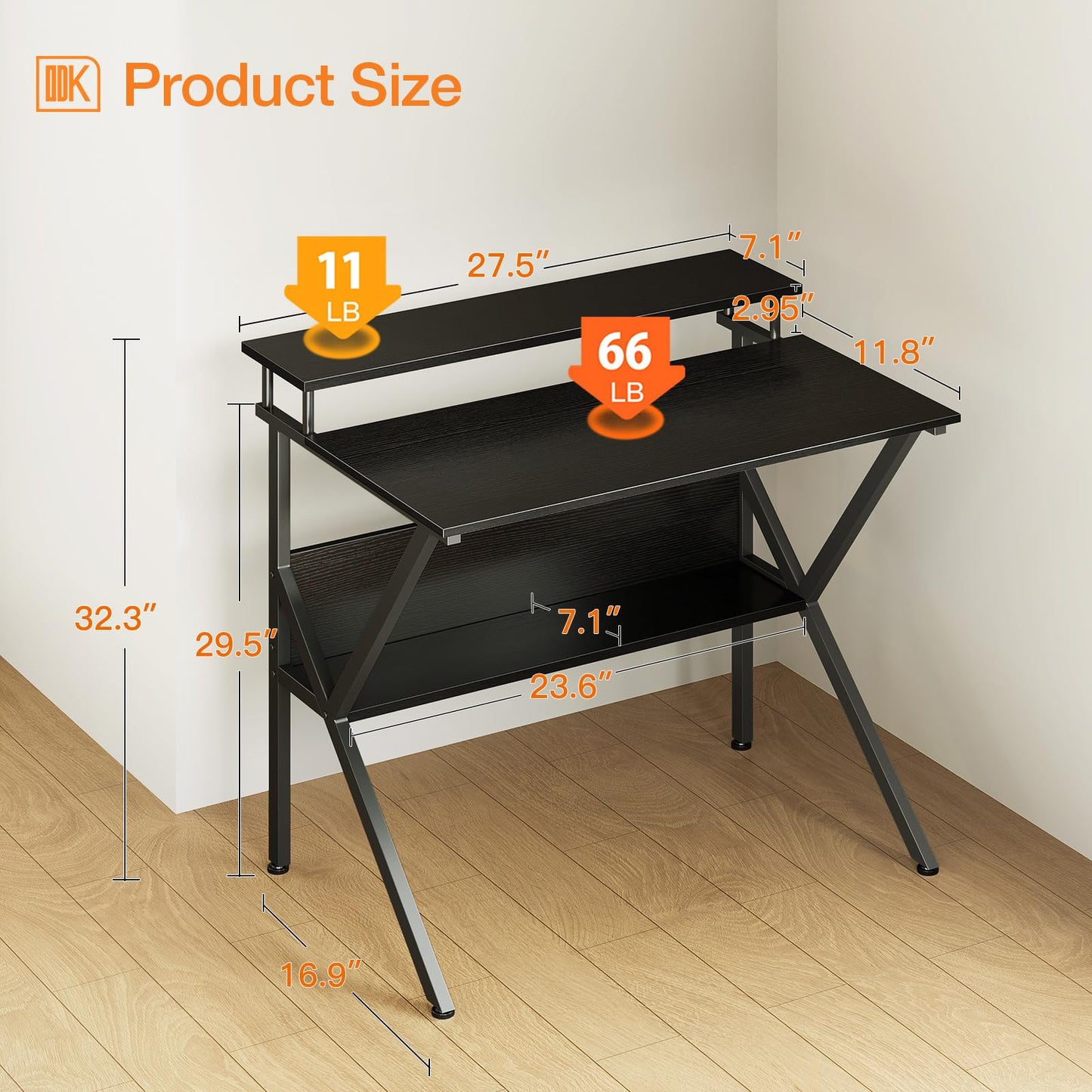 ODK Small Desk, 27.5 Inch Computer Desk for Small Spaces, Study Desk with Storage & Monitor Stand, Black