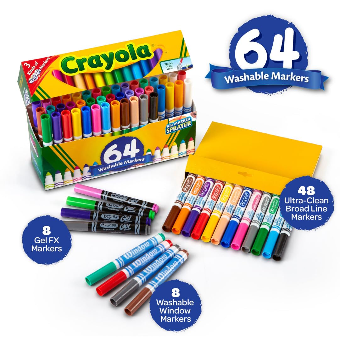 Crayola Washable Broad Line Marker Variety Set (64ct), Teacher School Supplies for Toddlers & Kids, Ultra-Clean, Window, & Gel FX Markers for Kids, 3+