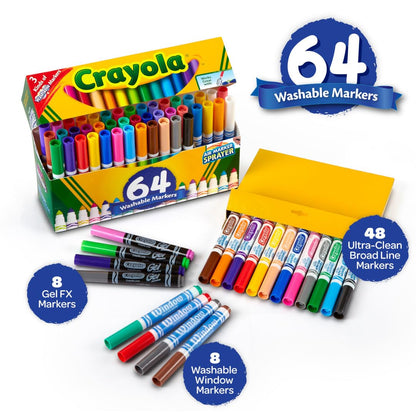 Crayola Washable Broad Line Marker Variety Set (64ct), Teacher School Supplies for Toddlers & Kids, Ultra-Clean, Window, & Gel FX Markers for Kids, 3+