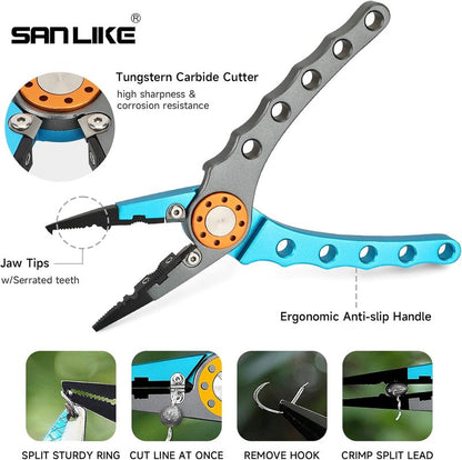 Fishing Pliers - 7-Inch Aluminum Braid Cutters | Corrosion Resistant Hook Remover & Split Ring Tool with Sheath and Lanyard
