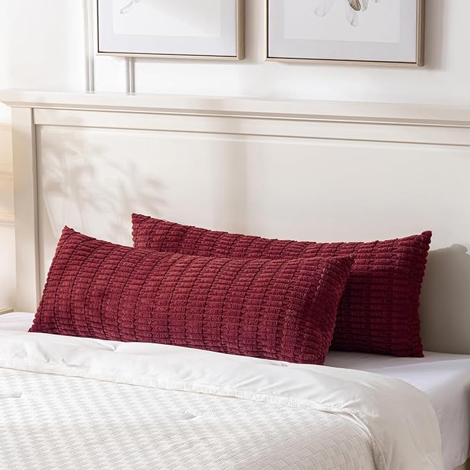 Fancy Homi Burgundy Long Body Lumbar Decorative Throw Pillow Covers 14x36 Inch for Bed Couch Bedroom Bench, Soft Corduroy Rectangle Solid Pillow Case, Rustic Farmhouse Boho Room Decor