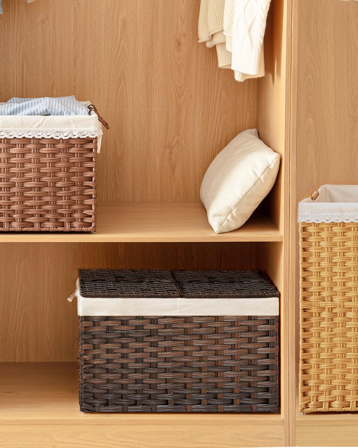 SETVSON Storage Basket with Lid Rattan Woven Storage Baskets with 2 Separate Lids, 17.2 Gallon (65 L), 22 x 13 x 13.8 Inches,Foldable, 2 Removable Liner Bags Handles for Bedroom, Laundry Room Brown