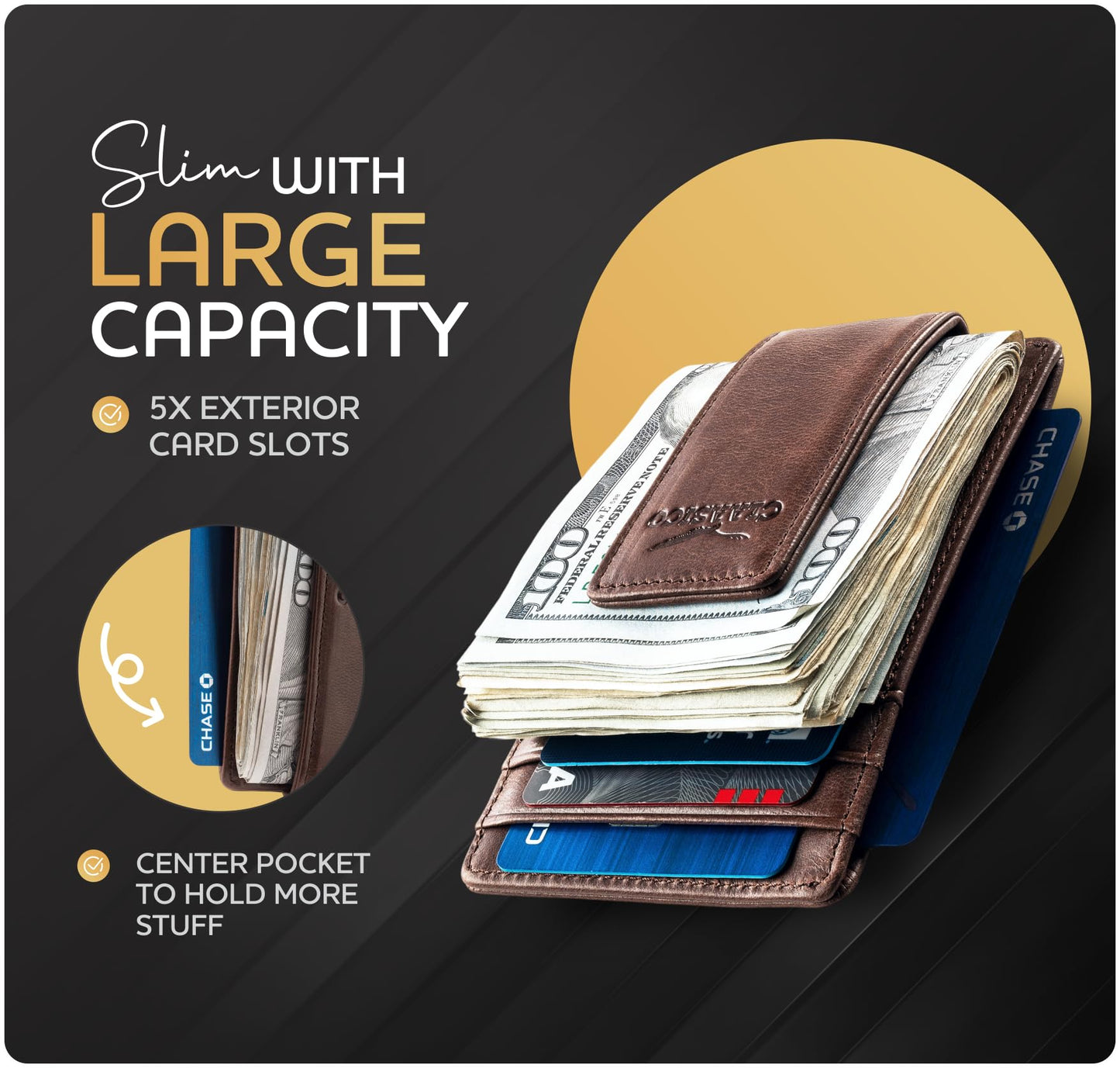 Claasico Money Clip Leather Wallet For Men Slim Front Pocket RFID Blocking with Super Strong Magnetic