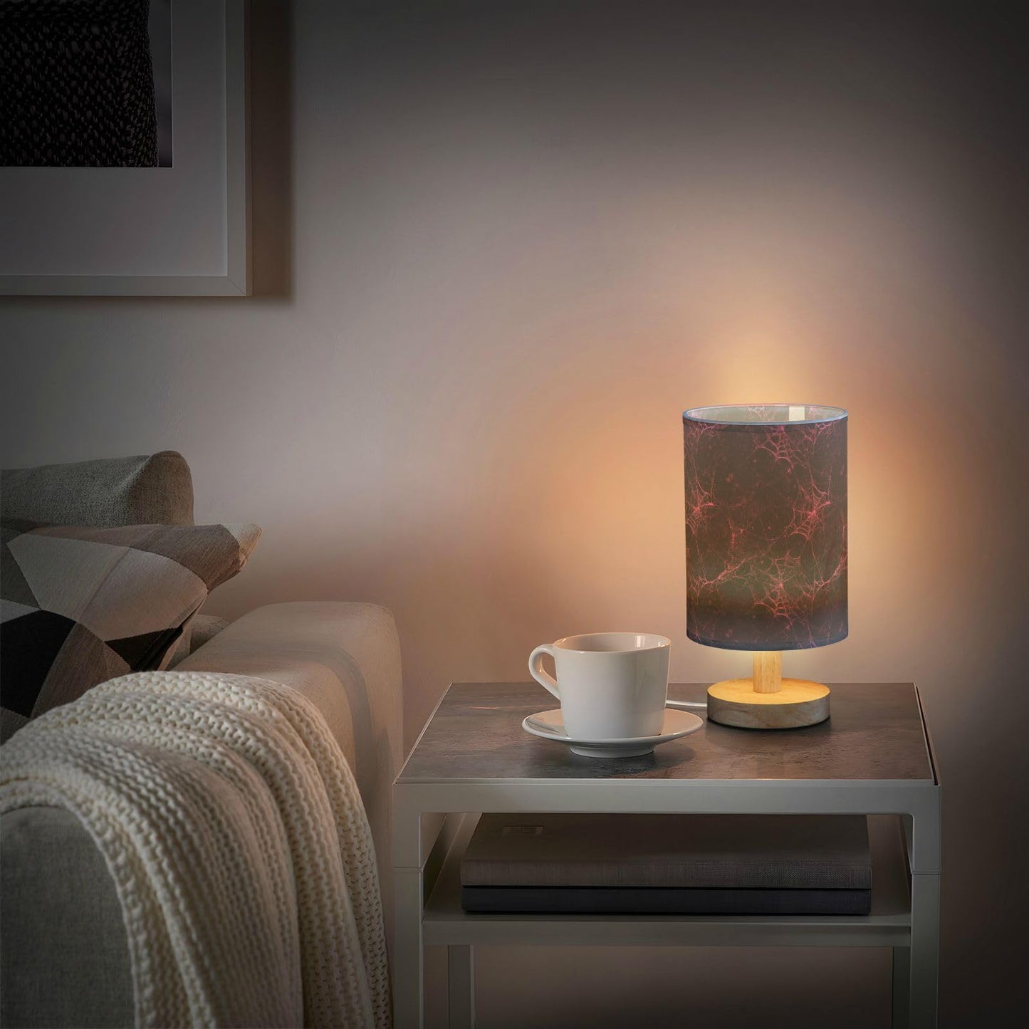 Dussdil Halloween Pink Red Cobweb Table Lamp Bedroom Bedside Night Reading Desk Lamps Cylinder Nightstand Sleeping Light Lamp for Kids Living Room Office Decor