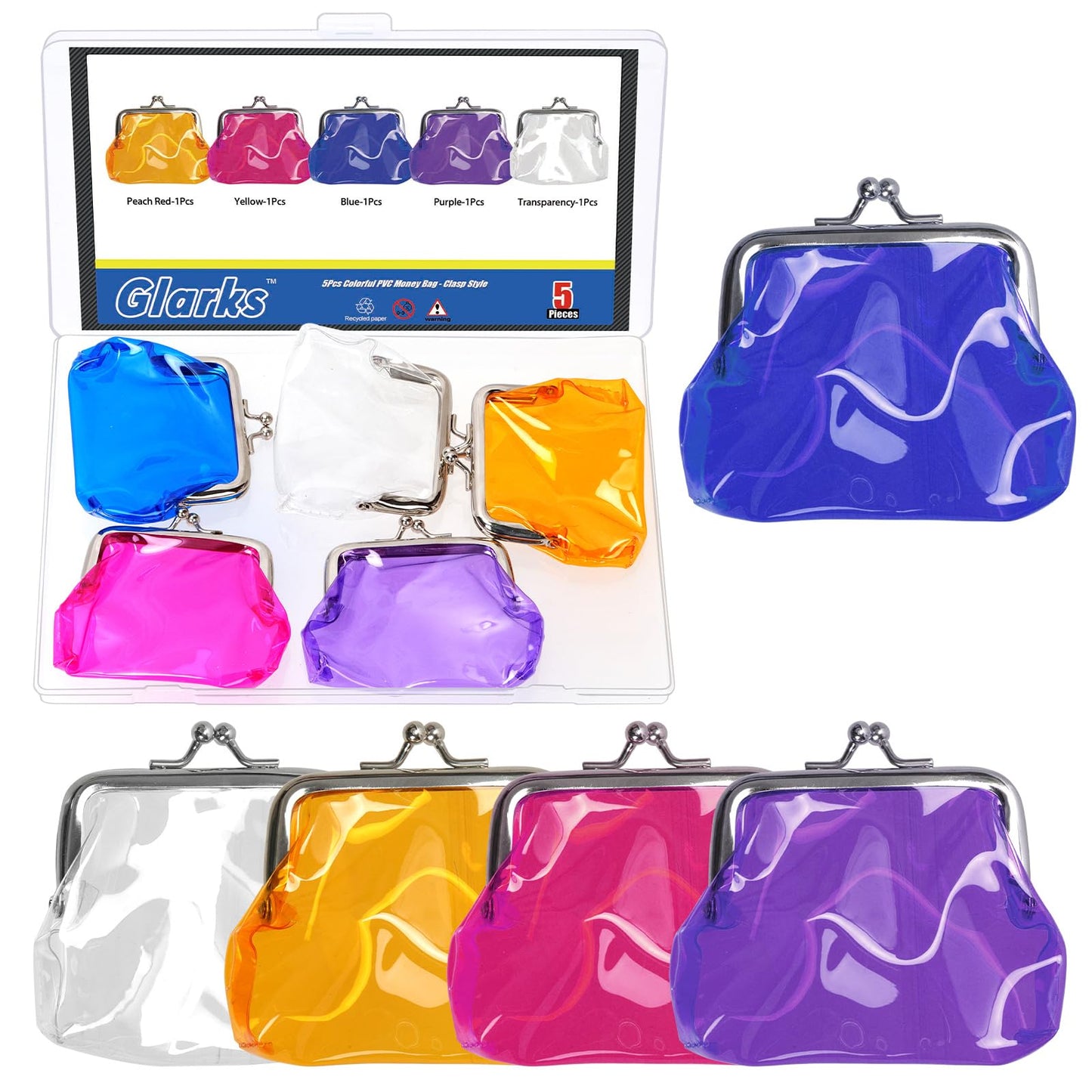 Glarks 5pcs 100x80mm Transparent Change Purse, 5 Colors Clear Coin Purse, Lock Clear Change Pouch, Waterproof PVC Jelly Wallets for Carrying Your Change Cards, Earphone, Keys