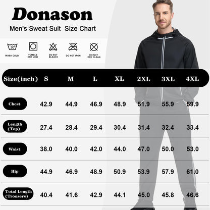 Donason Men's Sauna Suit Full Body Sweat Suit with Hood for Weight Loss Durable Jacket and Pants for Gym Workout Body Shaper Heat-Trapping Fitness Shapewear Long Sleeve Tracksuit with Zipper