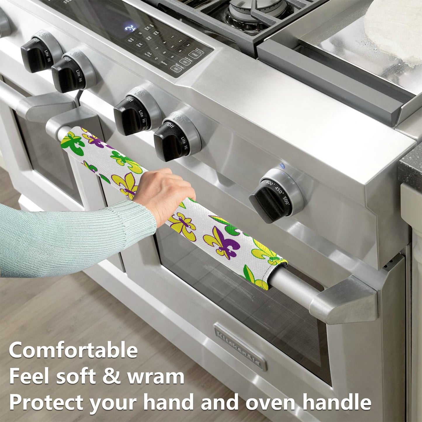 Eionryn Mardi Gras Fleur De Lis Refrigerator Door Handle Covers Carnival Masquerade Kitchen Appliances Gloves for Microwave Dishwasher Fridge Door Cloth Protector 2pcs