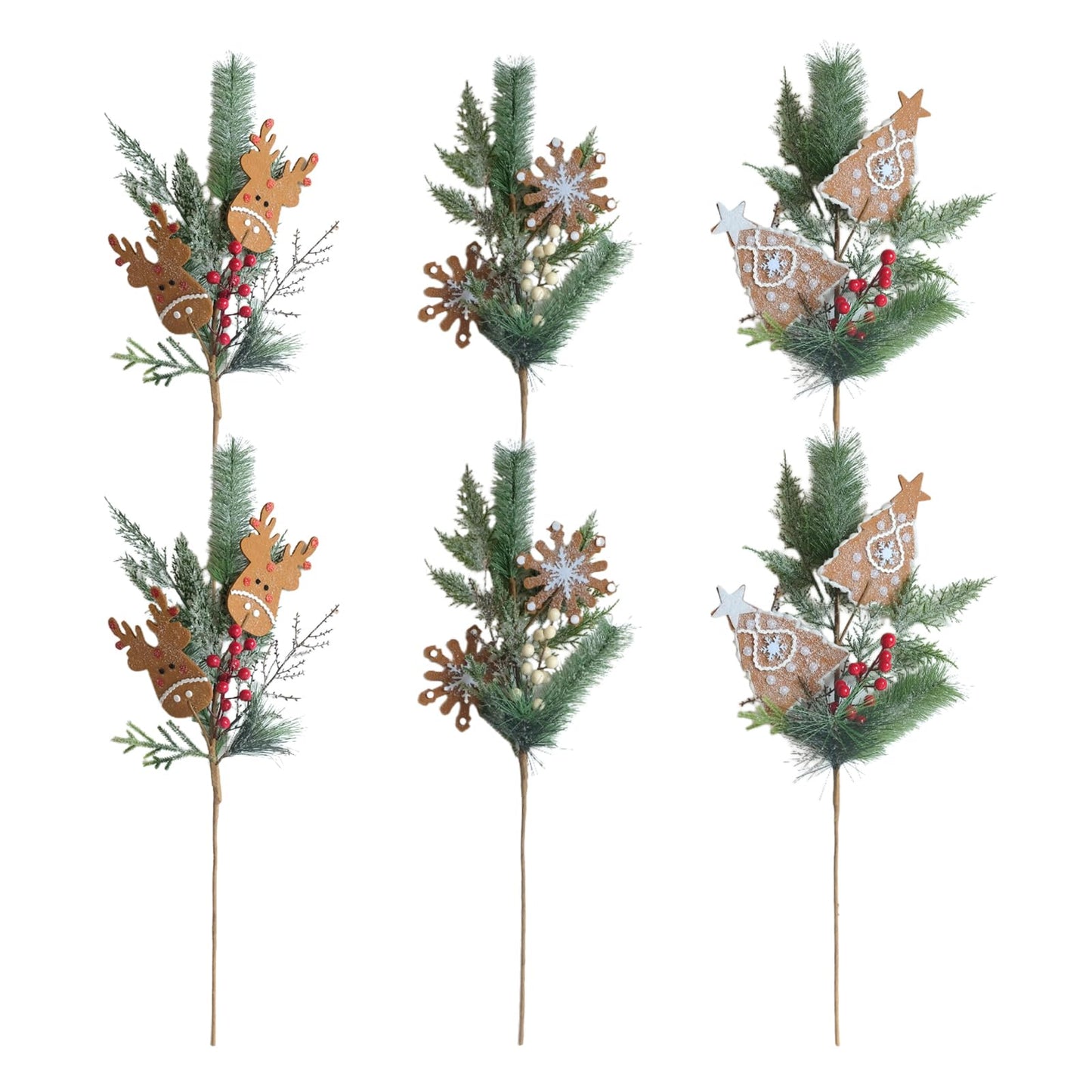 TEMPUS 6 Pcs Christmas Tree Ornaments 26 Inch Pine Needle Branches with Felt Reindeer Snowflakes Christmas Table Centerpiece Winter Home Decor DIY Crafts for Vase Filler Wreath Decor
