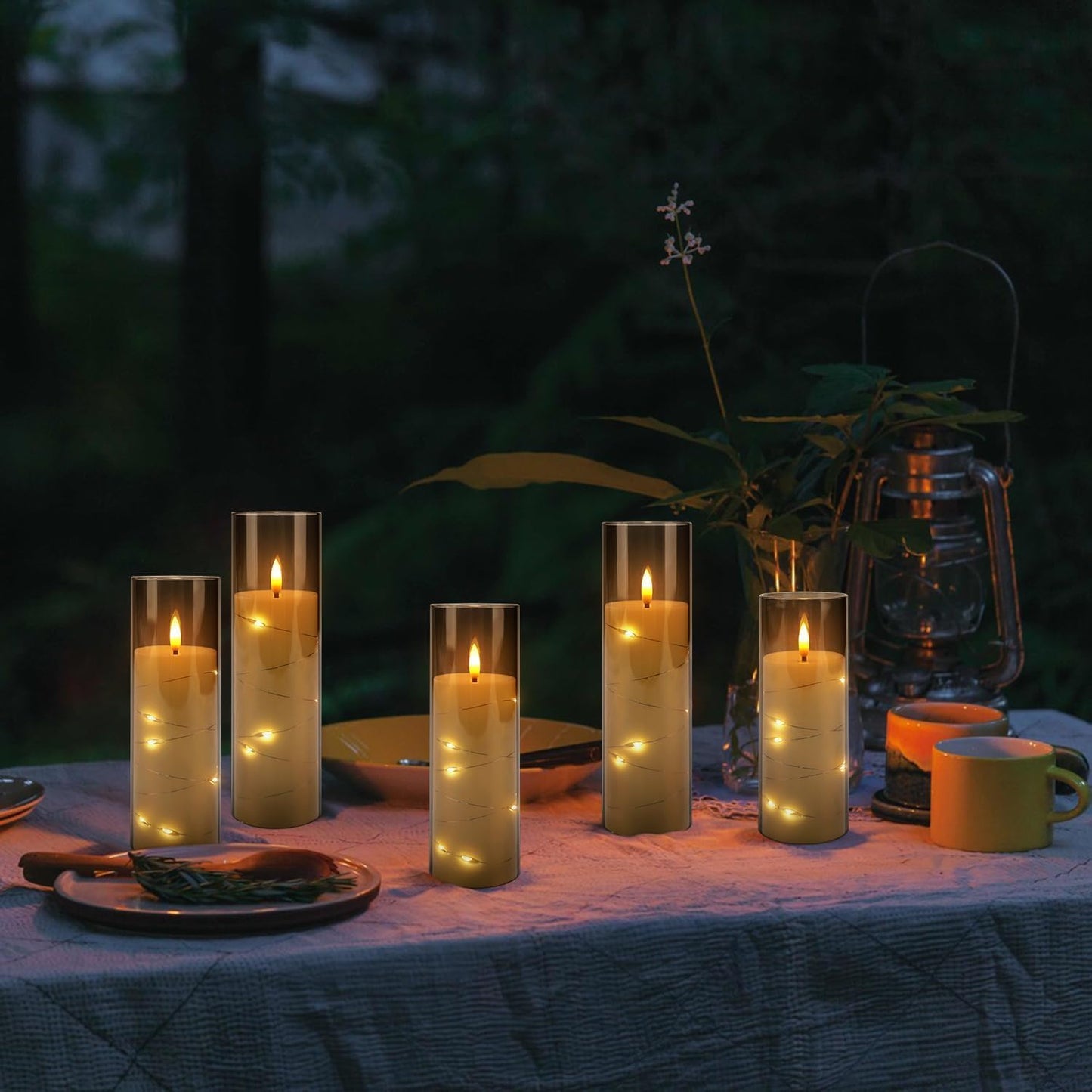 24 Pack Flameless LED Pillar Candles with Remote & Timer, Flickering Battery Operated Candles with Embedded Starry Lights, 3-Sizes Gray Acrylic Decorative Candles for Wedding, Home, Party Decor