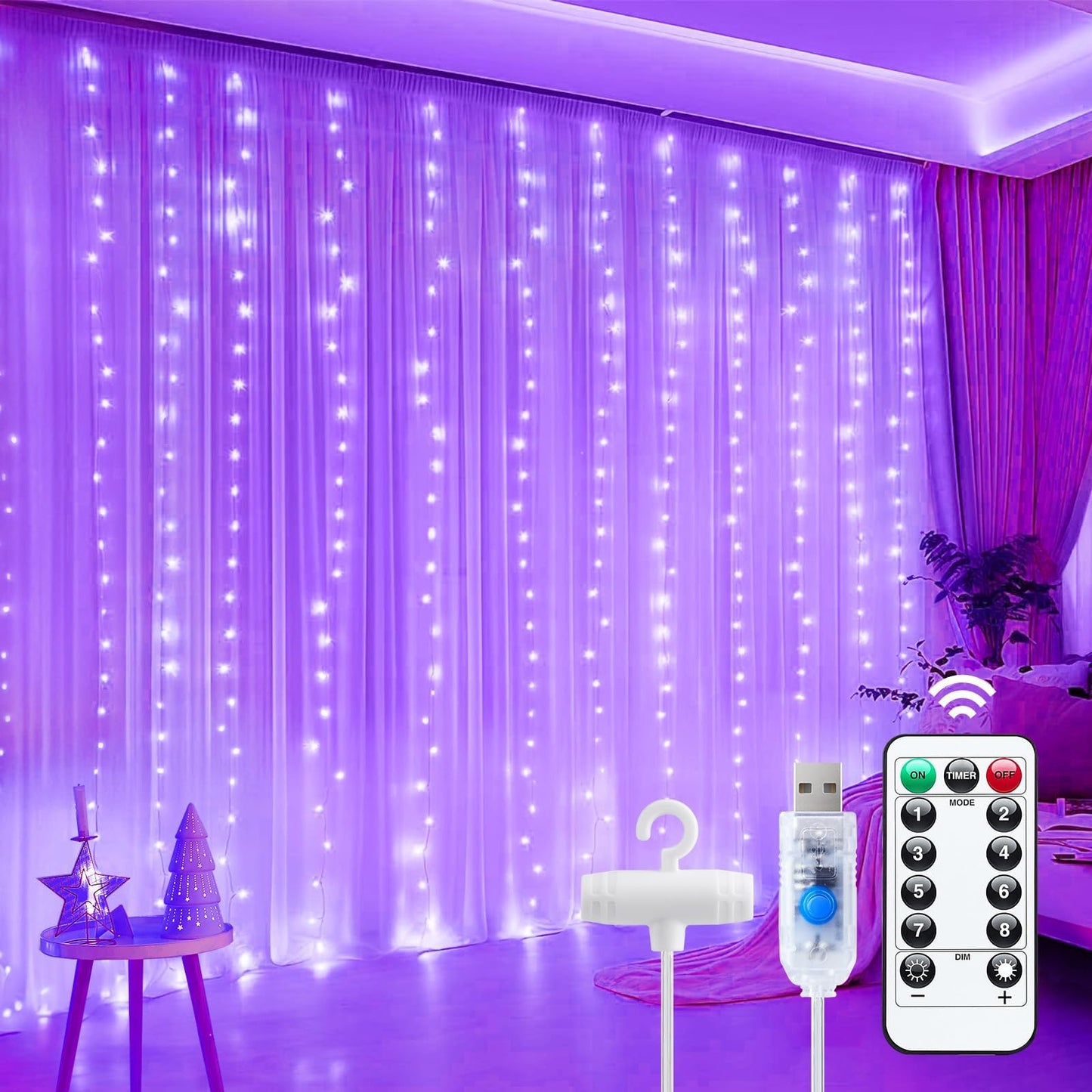 Minetom Halloween Purple Curtain Lights, 300 LED Dimmable Fairy Lights with Remote and Timer, 8 Modes, USB Powered String Lights for Room Wall Party Xmas Indoor Decor
