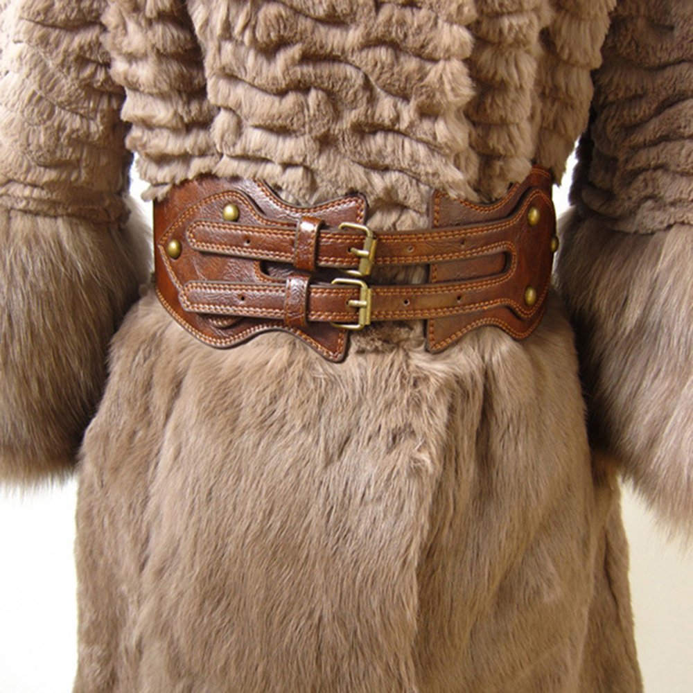 ICSTH Womens Obi Belt Vintage PU Leather Elastic Wide Waist Belt Fashion Retro Wide Belts (BROWN, 92CM)