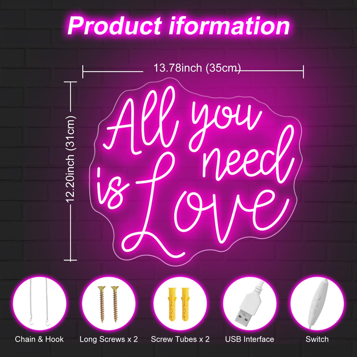 All You Need Is Love Neon Sign, Wedding LED Neon Light, Wedding Party Backdrop Wall Decor Valentine's Day Personalized Gift, Couple Room Light, Bar Home Lamp Party Dorm Living Room-Pink-14"x12"
