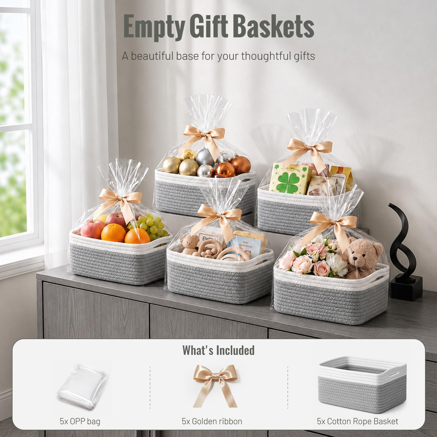 5 Pack Decorative Small Storage Baskets for Shelves, Cotton Rope Woven Basket for Organizing Bathroom, Nursery, Closet, Cabinet, Toys & Socks, Gift Baskets Empty, 11.8"x7.9"x4.7", Gray/White