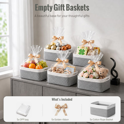5 Pack Decorative Small Storage Baskets for Shelves, Cotton Rope Woven Basket for Organizing Bathroom, Nursery, Closet, Cabinet, Toys & Socks, Gift Baskets Empty, 11.8"x7.9"x4.7", Gray/White