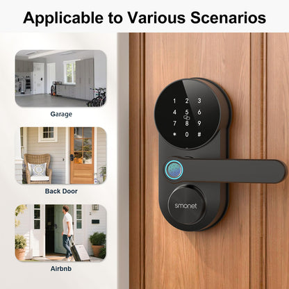 Smart WiFi Door Lock with Handle: SMONET Keyless Entry Lock with Fingerprint for Front Door Anti-peep Keypad Compatible with Alexa