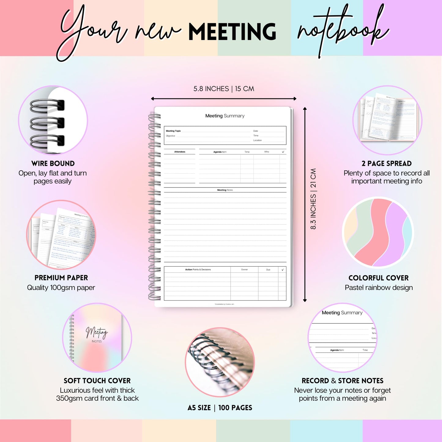 Meeting Minutes Note Taking Professional Notebook | Plan, Record and Track Actions from all your Important Meetings - A5 Pastel Rainbow