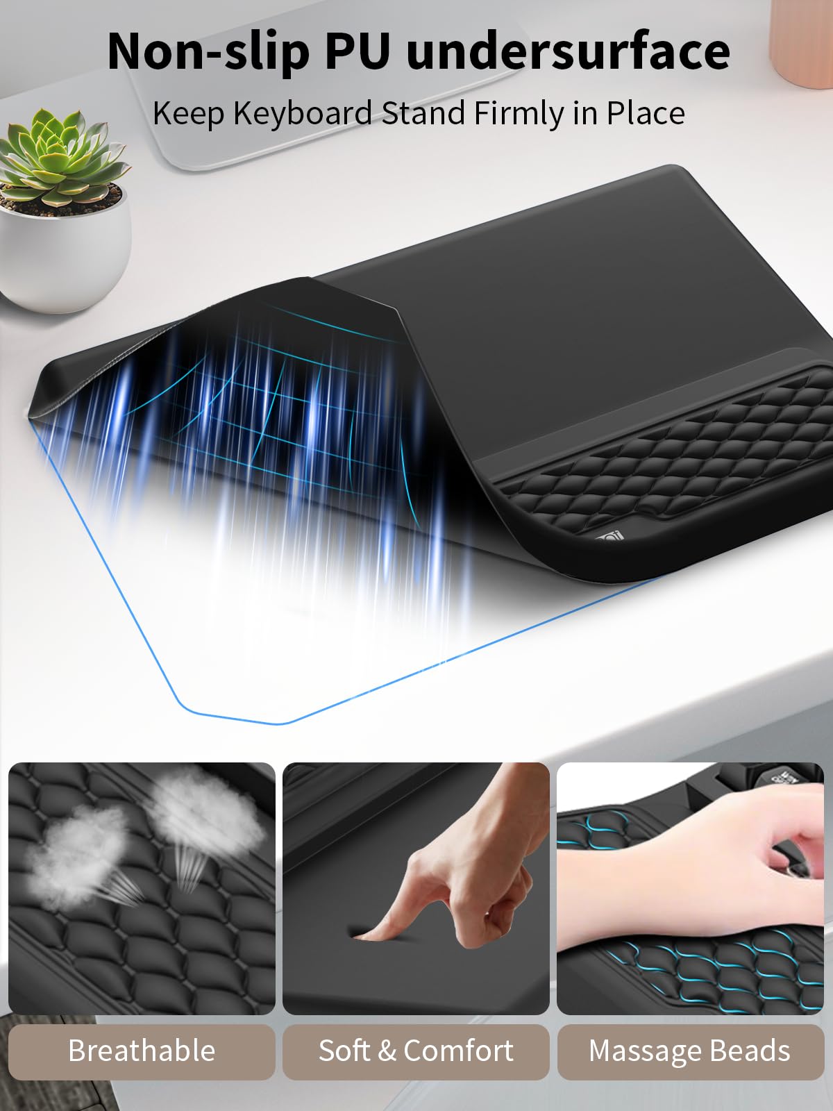 3-in-1 Ergonomic Keyboard Stand with Wrist Rest & Mouse Pad Set, Comfy Keyboard Riser Holder Soft Mousepad with Massage Design, Memory Foam and Non-Slip PU Base for Pain Relief, Black