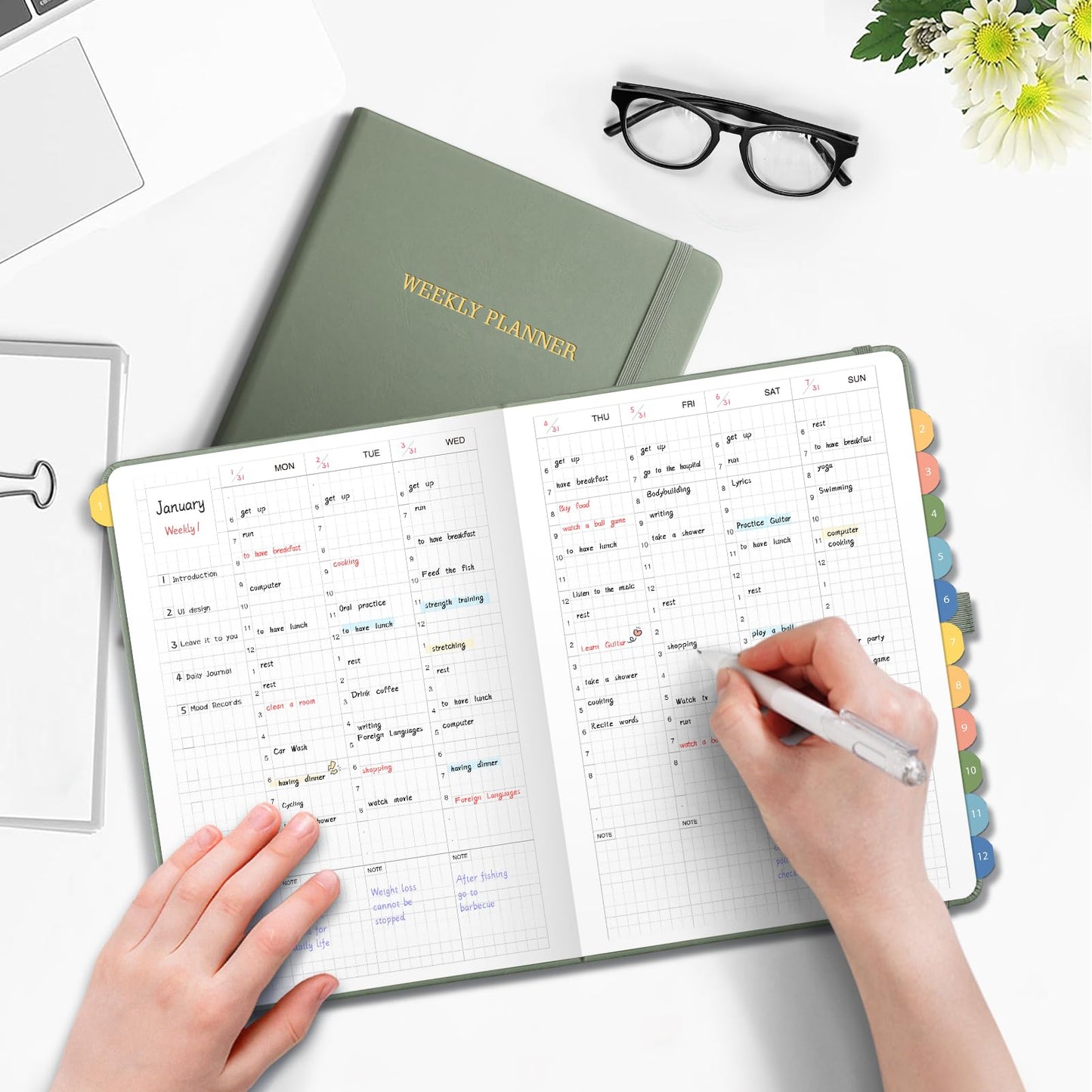 LOAPEM Undated Appointment Book, Hourly, Daily, 52 Weekly & 12 Monthly Planner, 6 AM - 8 PM, Medium Size (5.7" x 8.3"), Leather Hardcover, 12 Self-adhesive Monthly Tabs (Light Green)
